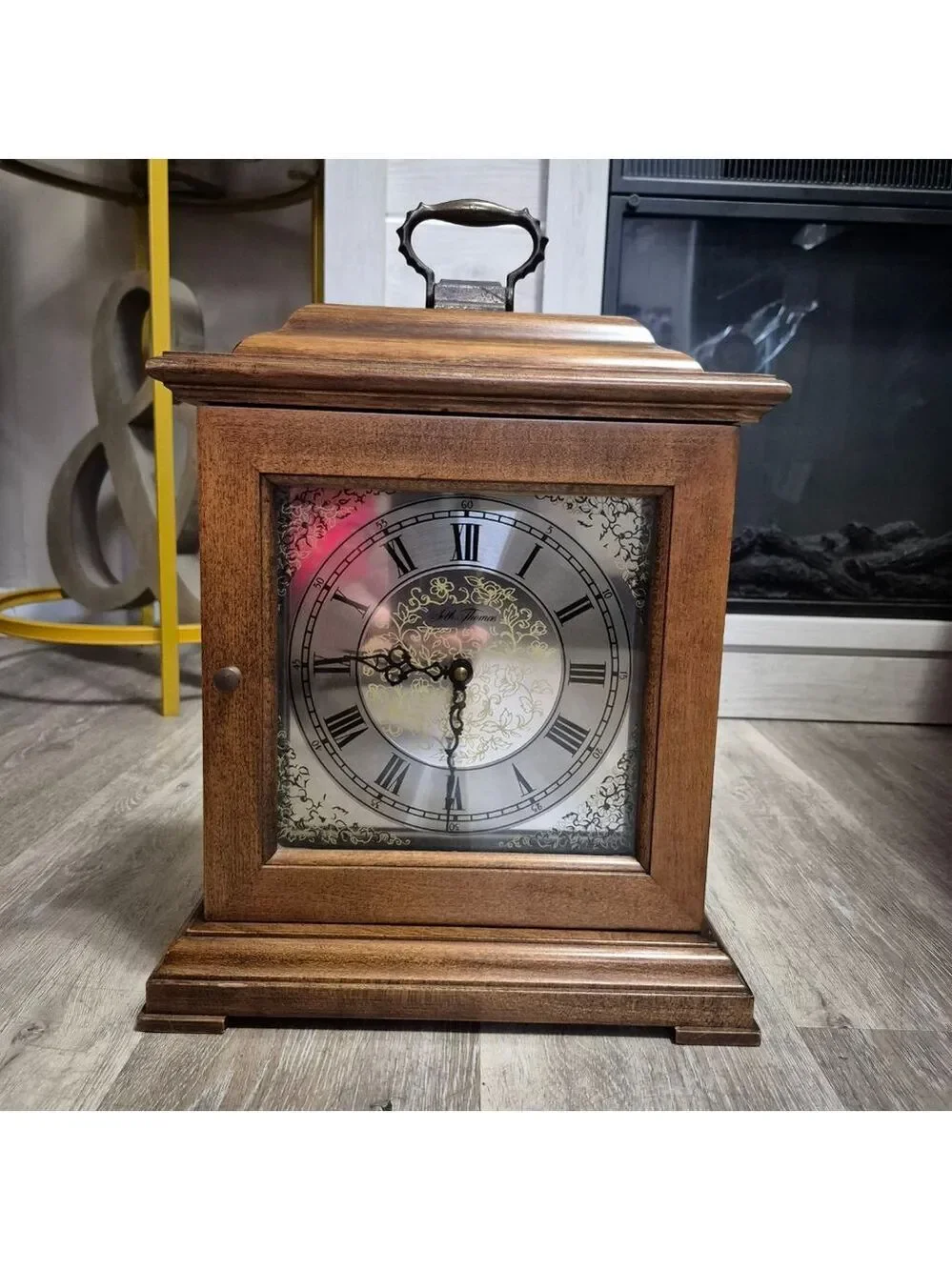 Seth Thomas Brown Wood Mantel Clock with Silver Face